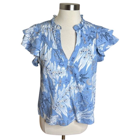 Jennifer & Grace Top Size Medium Blue Floral Peasant Flutter Sleeves Split Neck - Picture 1 of 9